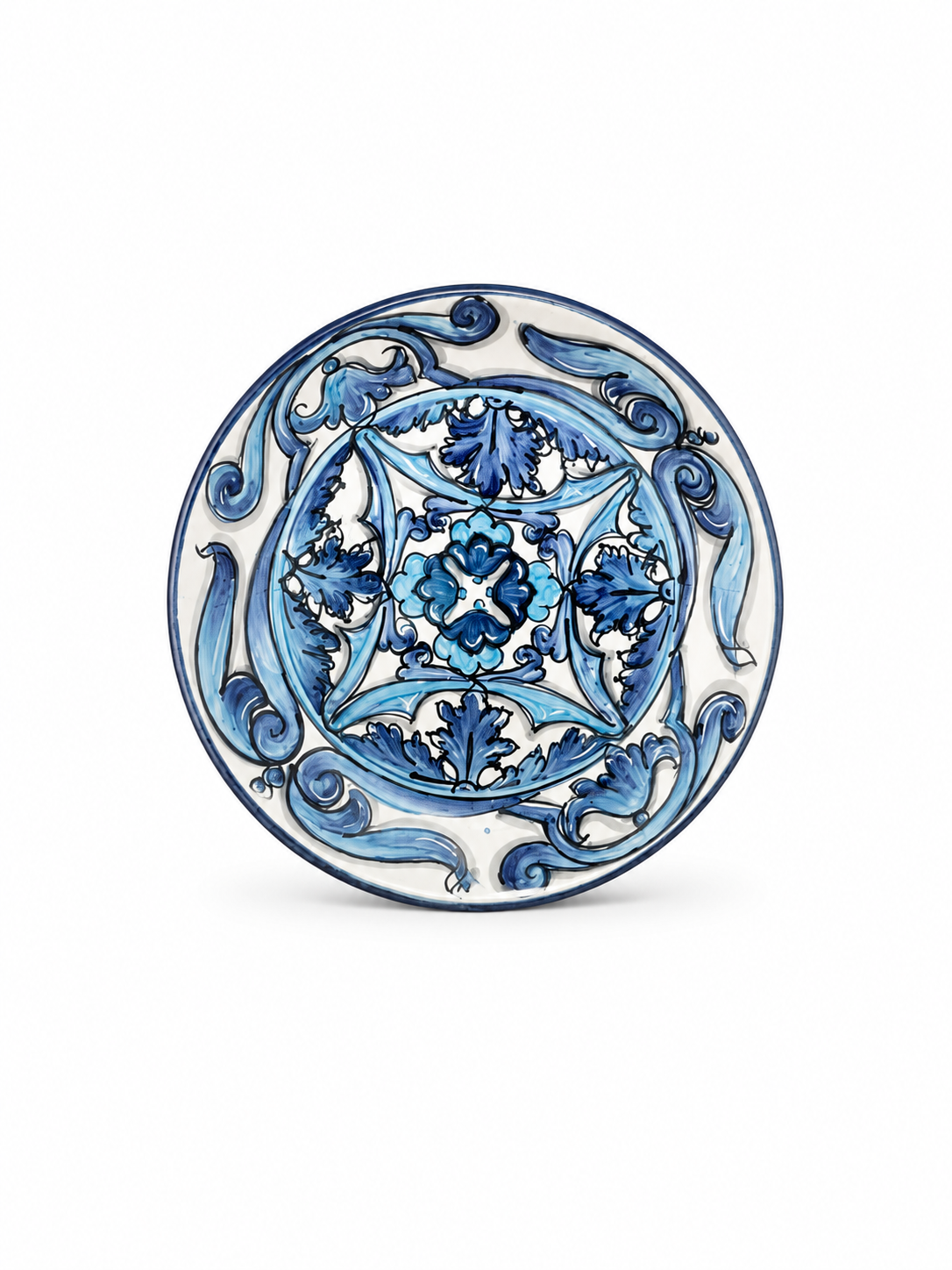 Hand-painted Sicilian ceramic decorative plate in cobalt blue
Italian maiolica wall plate handcrafted in Sicily
Mediterranean ceramic plate with traditional blue ornamental motifs