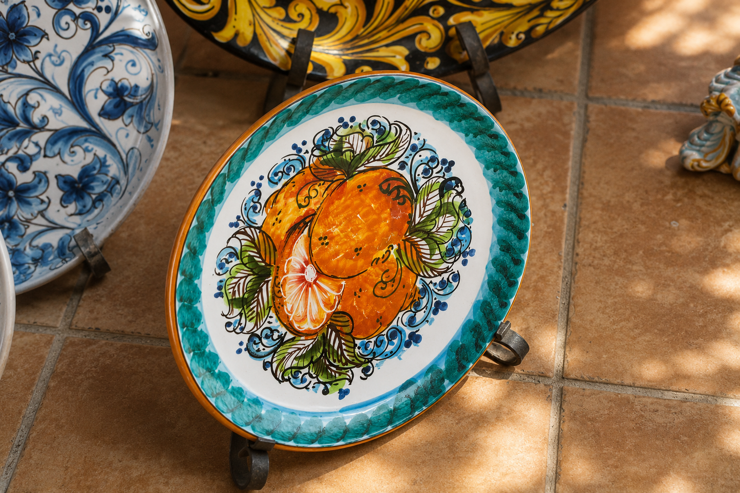 Hand-painted Sicilian ceramic plate with orange citrus motif
Mediterranean serving plate handcrafted in Sicily
Italian ceramic decorative plate inspired by Sicilian citrus gardens
