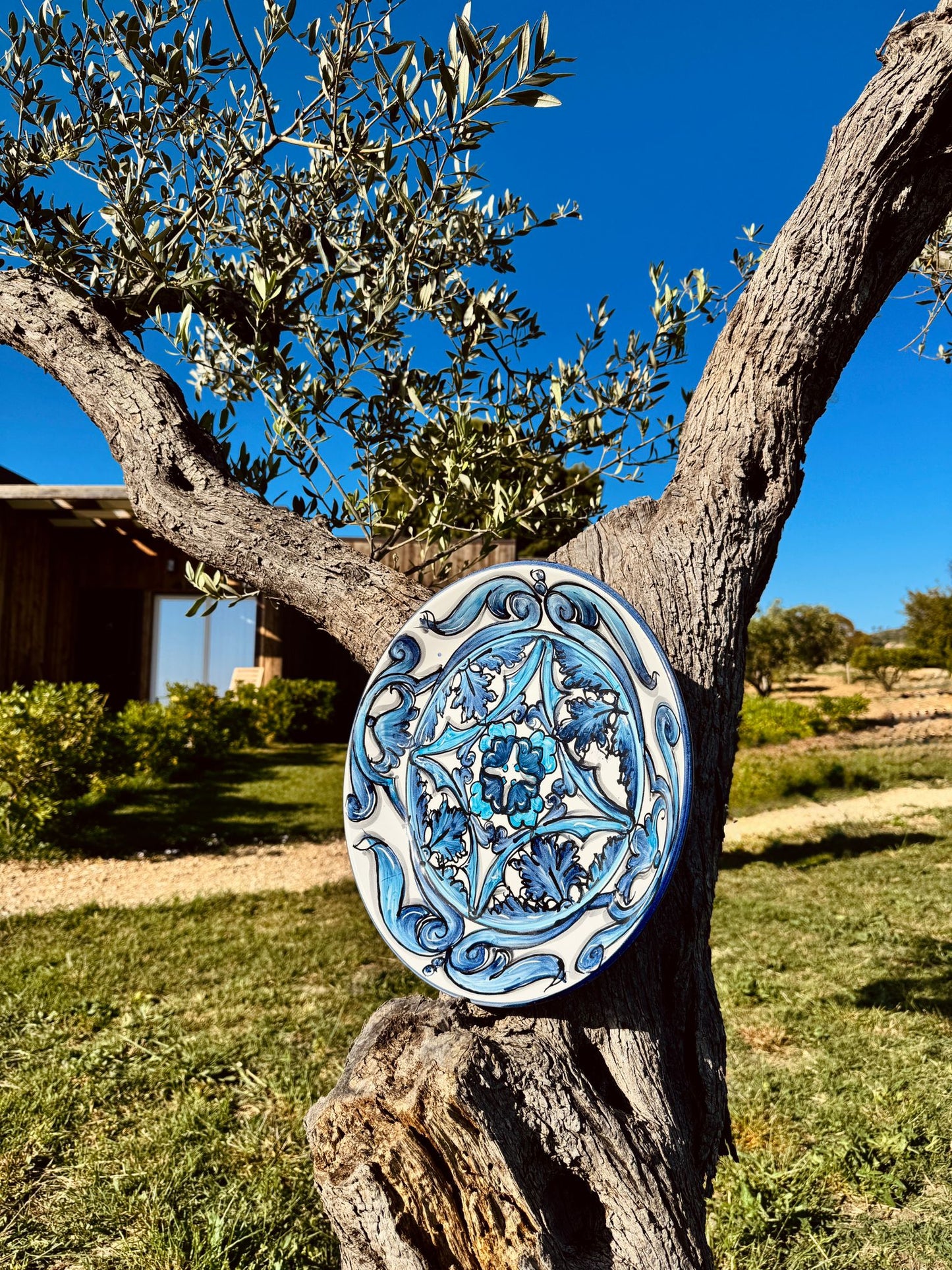 Hand-painted Sicilian ceramic decorative plate in cobalt blue
Italian maiolica wall plate handcrafted in Sicily
Mediterranean ceramic plate with traditional blue ornamental motifs