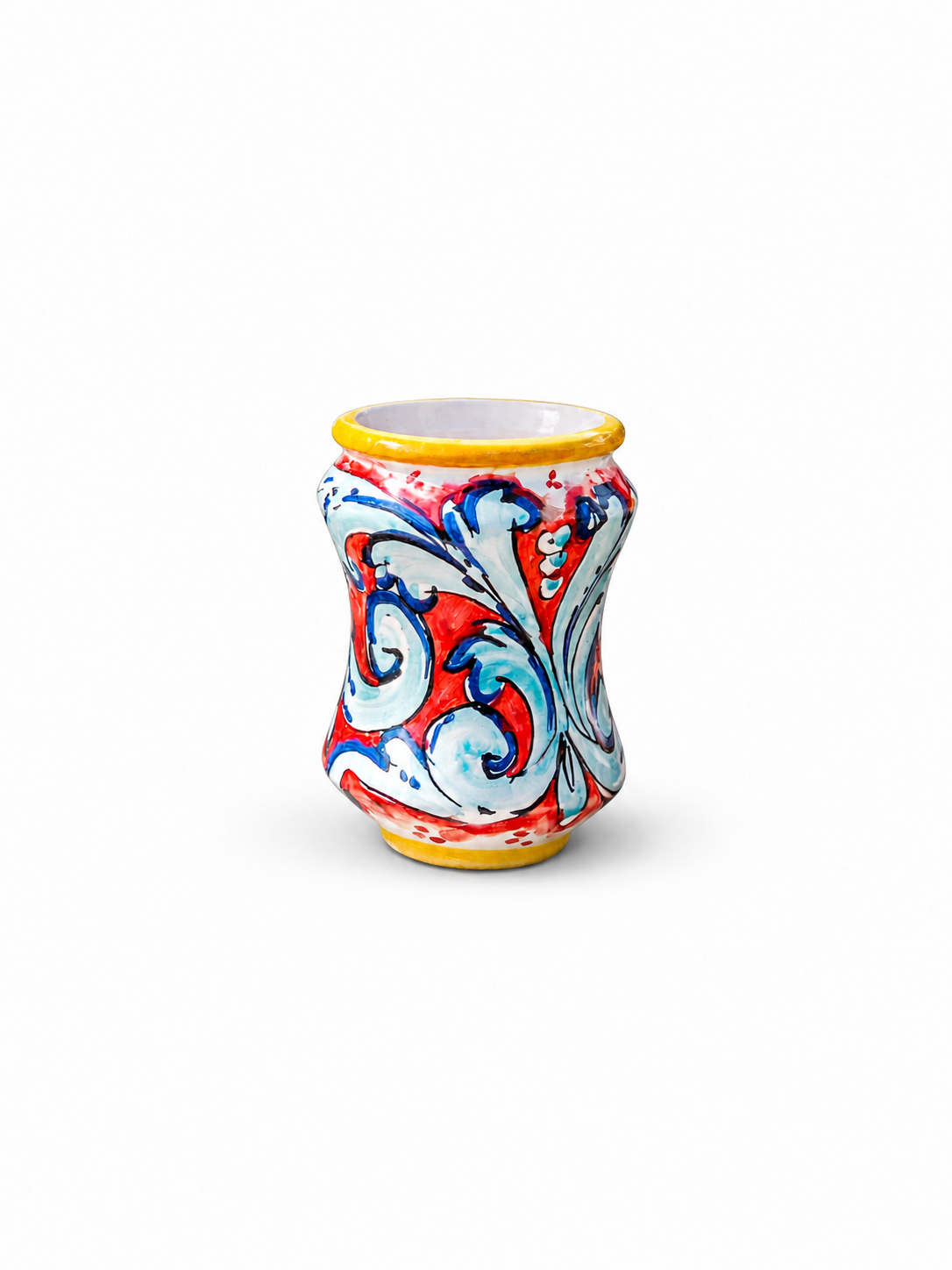 Decorative ceramic jar with colorful patterns on a white background