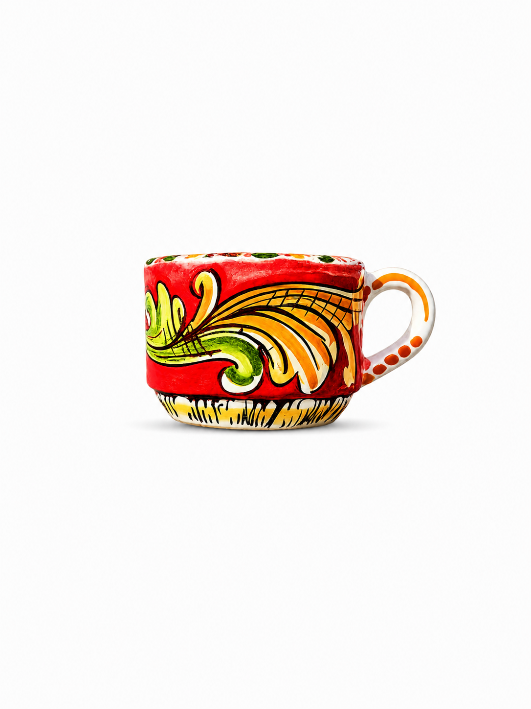 Colorful ceramic mug with decorative patterns on a white background
