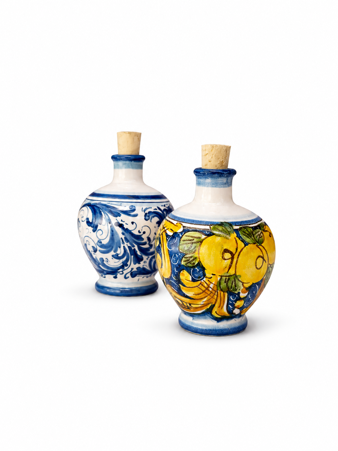 Two ceramic bottles with decorative designs on a white background