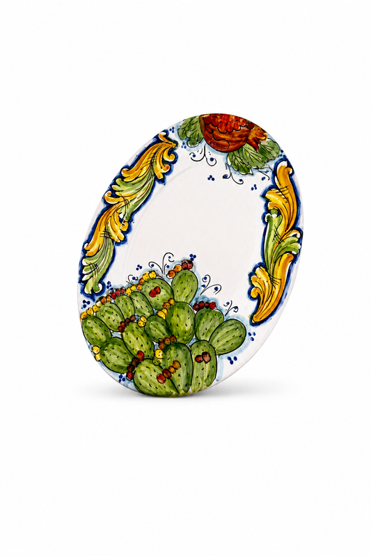 Decorative ceramic plate with cactus design on a white background