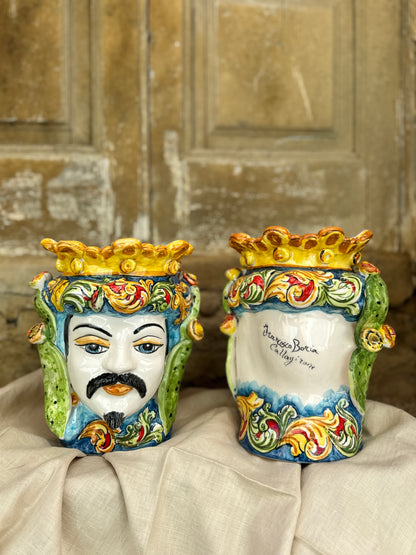 Hand-painted Sicilian Moro Head ceramic vases
Italian artisan Testa di Moro vases handcrafted in Sicily
Mediterranean ceramic head sculptures with baroque motifs