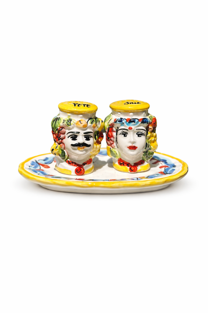 Handcrafted Sicilian Teste di Moro salt and pepper set
Mediterranean ceramic tableware inspired by Sicilian Moro Heads
Italian artisan ceramic salt and pepper set with decorative tray