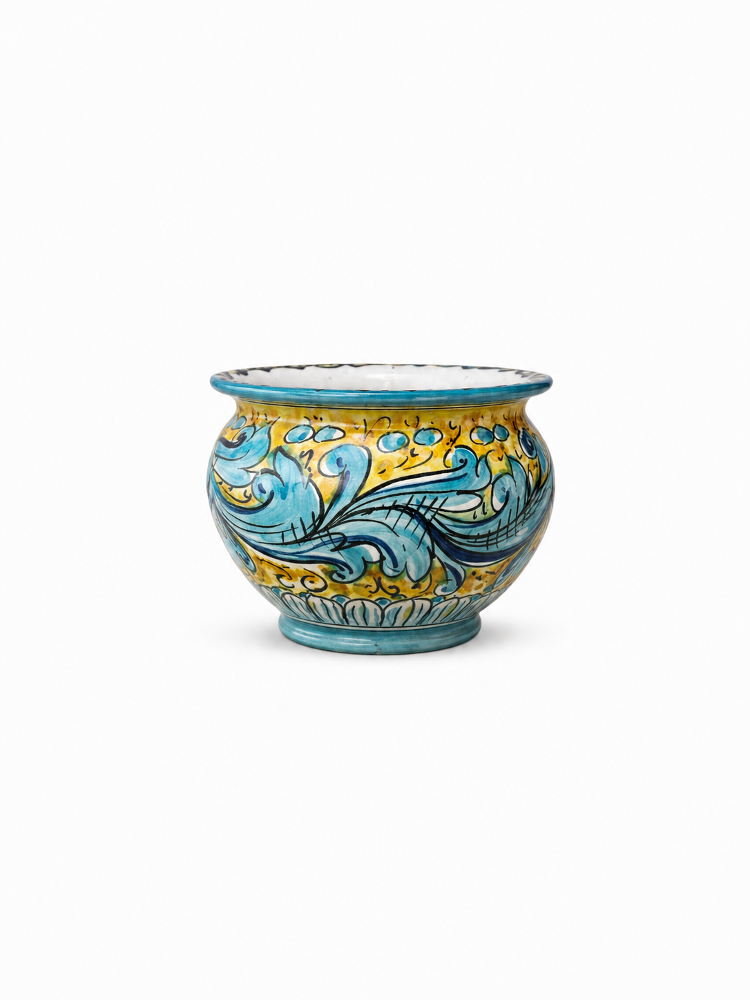 Decorative ceramic vase with blue and yellow patterns on a white background