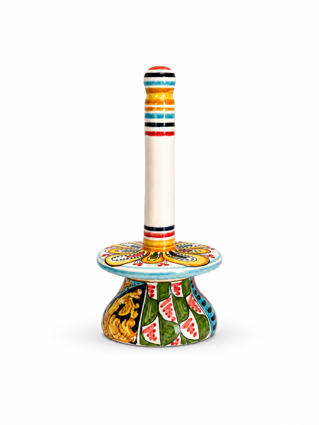 Hand-painted Sicilian ceramic paper towel holder handcrafted in Caltagirone with colorful majolica patterns and Mediterranean-inspired decoration.