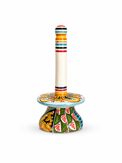 Hand-painted Sicilian ceramic paper towel holder handcrafted in Caltagirone with colorful majolica patterns and Mediterranean-inspired decoration.