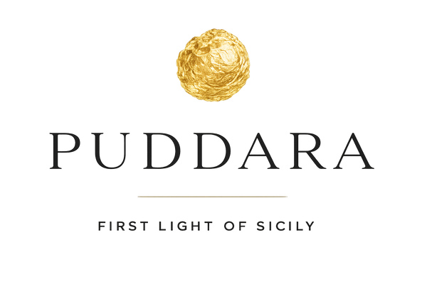 PUDDARA logo with textured golden sun symbol and the tagline ‘First Light of Sicily’, representing luxury Sicilian craftsmanship and Mediterranean design.