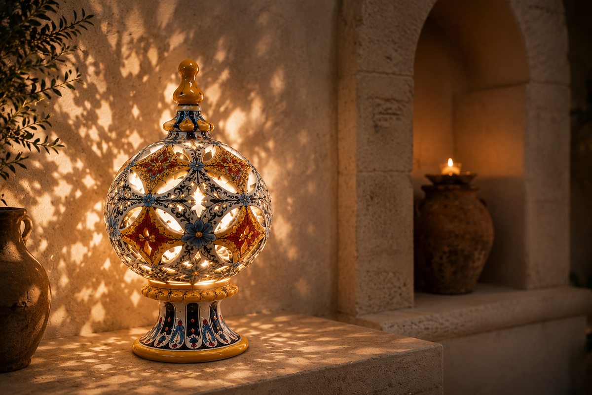 Illuminated handcrafted Sicilian ceramic lantern with a perforated spherical design and blue yellow red floral decoration in a warm Mediterranean interior.
