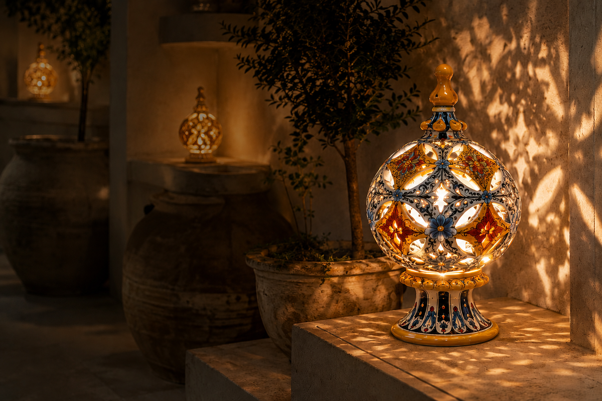 Illuminated hand painted Sicilian ceramic lantern with a perforated spherical design and blue yellow red floral decoration in a warm Mediterranean setting.