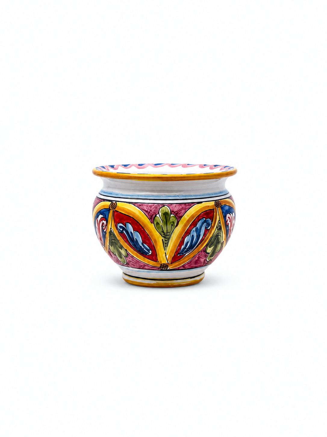 Handcrafted Sicilian ceramic cachepot with colorful baroque majolica decoration in red, blue, yellow and green tones on a clean white background.