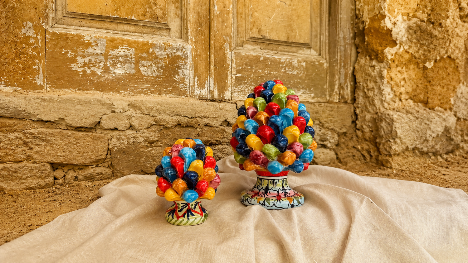 Handcrafted Sicilian ceramic pine cone sculptures from Caltagirone with vibrant multicolor glazed details displayed in a rustic Mediterranean setting.