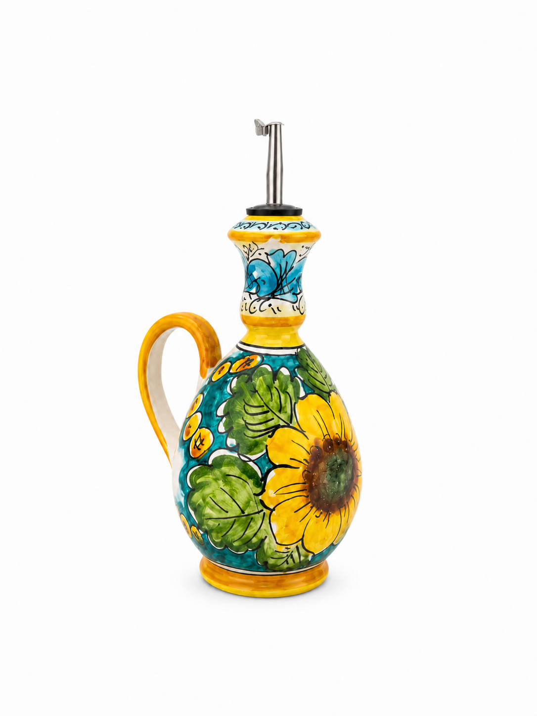 A ceramic oil dispenser bottle with a handle, featuring a hand-painted sunflower and green leaves pattern on a teal background, with a yellow neck and base, and a stainless steel pour spout.