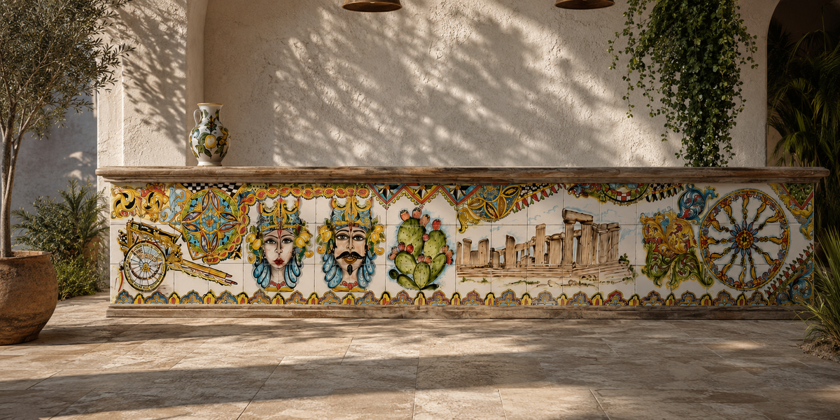 Hand-painted Sicilian ceramic tile mural decorating a Mediterranean bar counter with Moor’s Heads, prickly pears, classical ruins and traditional ornamental motifs.