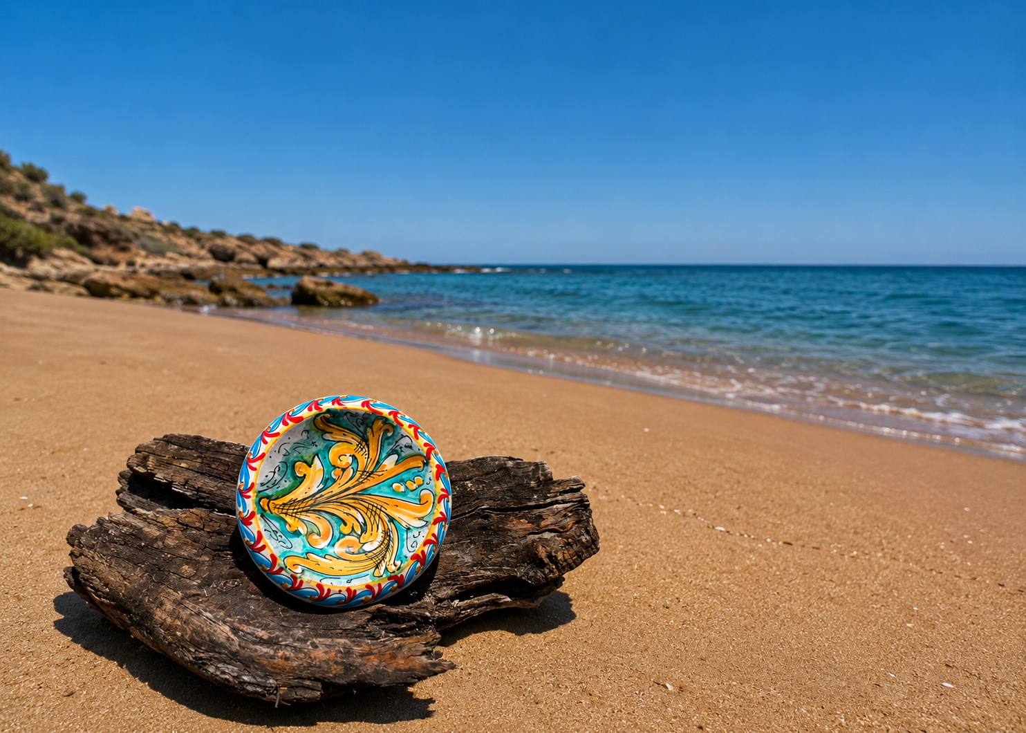 Hand-painted Sicilian majolica decorative bowl displayed on driftwood at a Mediterranean beach, featuring turquoise, gold and red baroque motifs.
