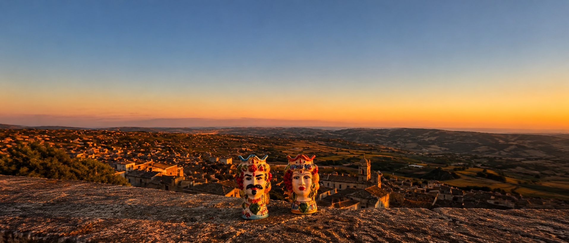 Pair of handcrafted Sicilian Moor head ceramic vases displayed at sunset above a historic Sicilian town and countryside, inspired by traditional Caltagirone craftsmanship.